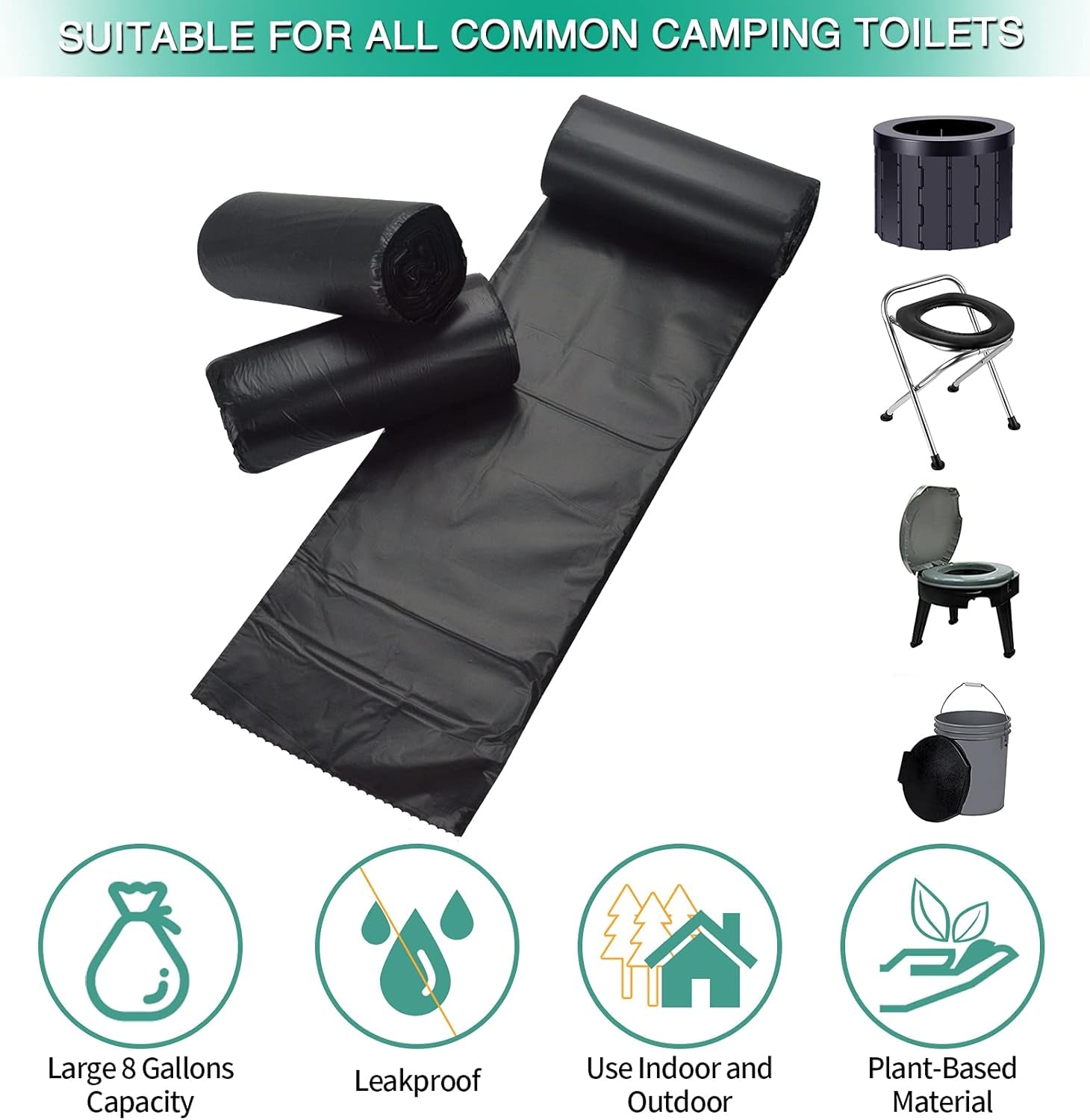 Experience the Outdoors with Confidence: 60 Count 8 Gallon Biodegradable & Compostable Toilet Bags - Plant-Based, Leak-Proof, Ideal for Camping, Hiking, and More!