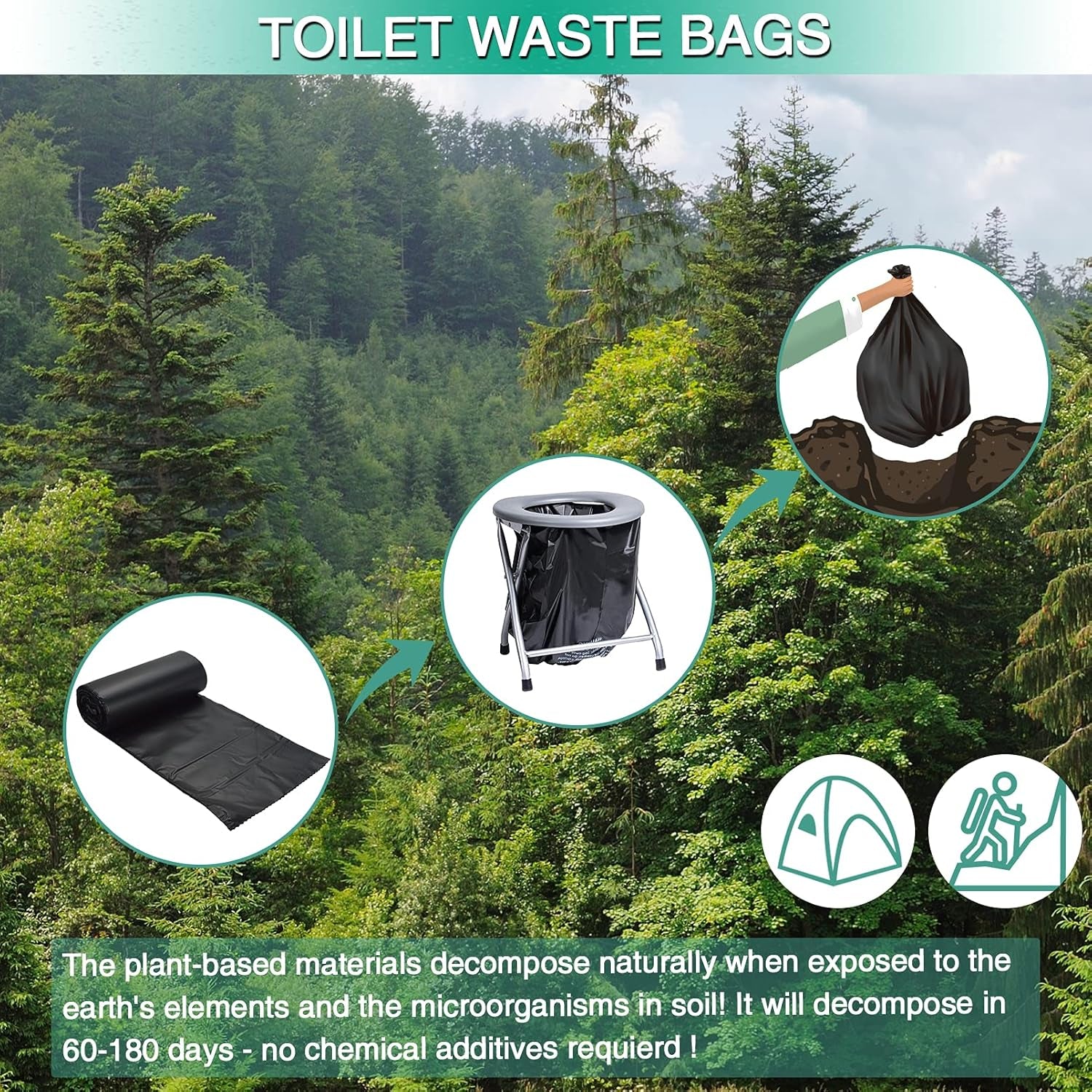 Experience the Outdoors with Confidence: 60 Count 8 Gallon Biodegradable & Compostable Toilet Bags - Plant-Based, Leak-Proof, Ideal for Camping, Hiking, and More!