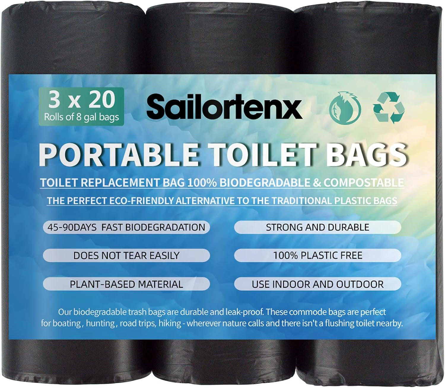 Experience the Outdoors with Confidence: 60 Count 8 Gallon Biodegradable & Compostable Toilet Bags - Plant-Based, Leak-Proof, Ideal for Camping, Hiking, and More!