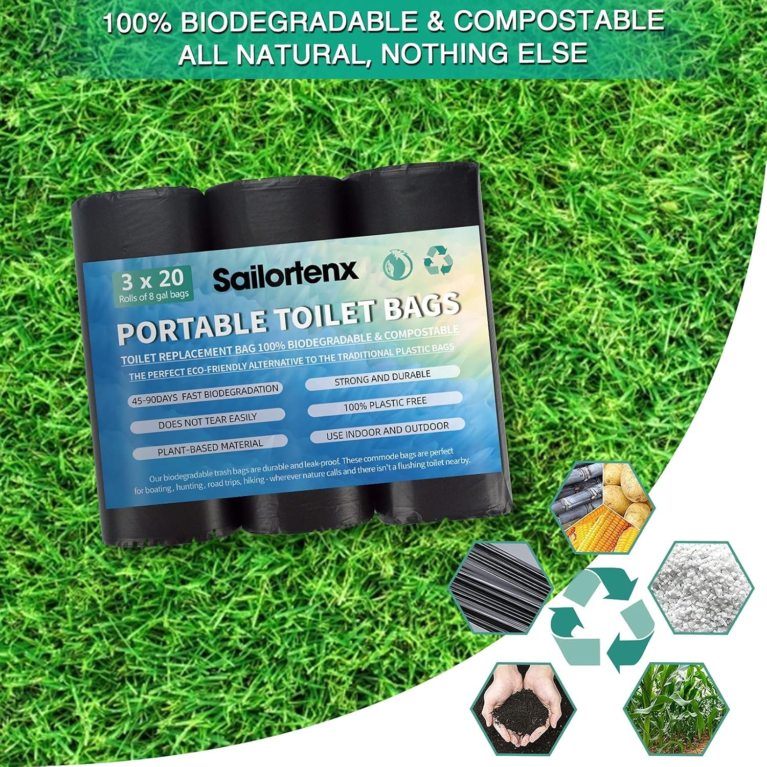 Experience the Outdoors with Confidence: 60 Count 8 Gallon Biodegradable & Compostable Toilet Bags - Plant-Based, Leak-Proof, Ideal for Camping, Hiking, and More!