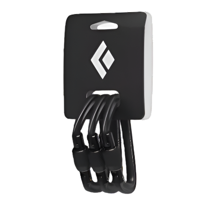 Set of black carabiners on a Black Diamond branded card against a white background