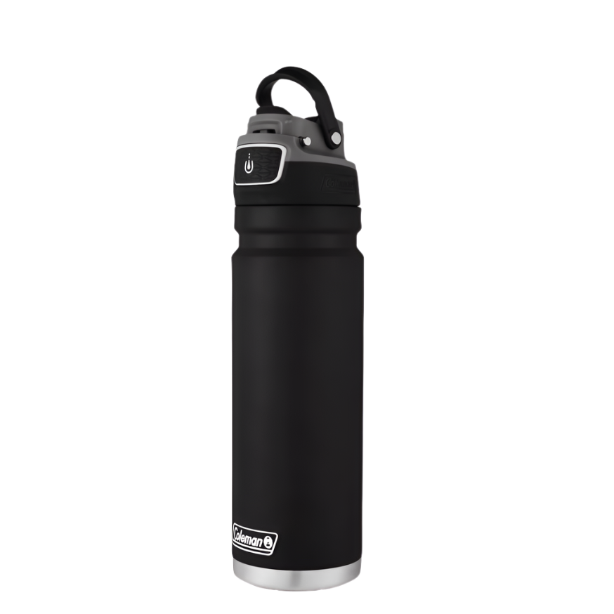 Black insulated water bottle with silver base and cap on a white background