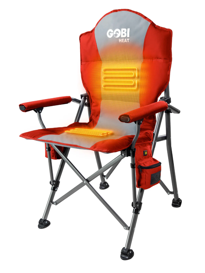 Heated camping chair with visible 'Gobi Heat' branding on a white background