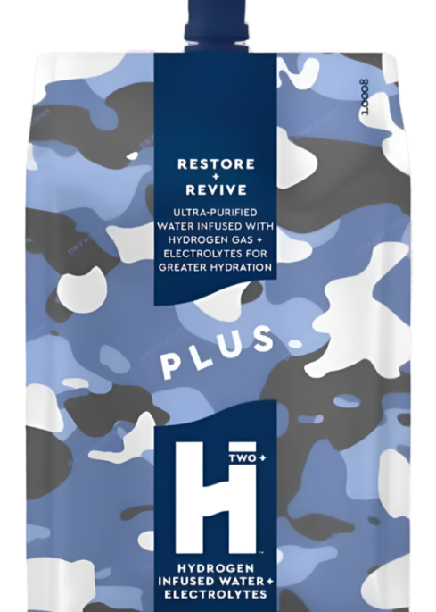Hydrogen infused water packaging with camouflage design and branding.
