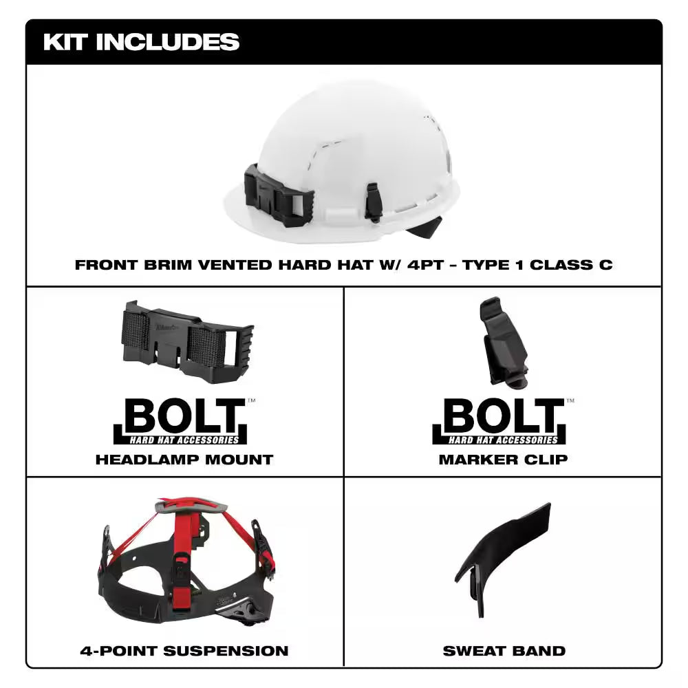BOLT White Type 1 Class C Front Brim Vented Hard Hat with 4-Point Ratcheting Suspension with BOLT Mesh Full Faceshield