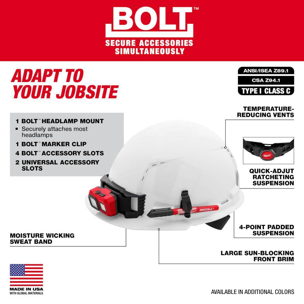 BOLT White Type 1 Class C Front Brim Vented Hard Hat with 4-Point Ratcheting Suspension with BOLT Mesh Full Faceshield