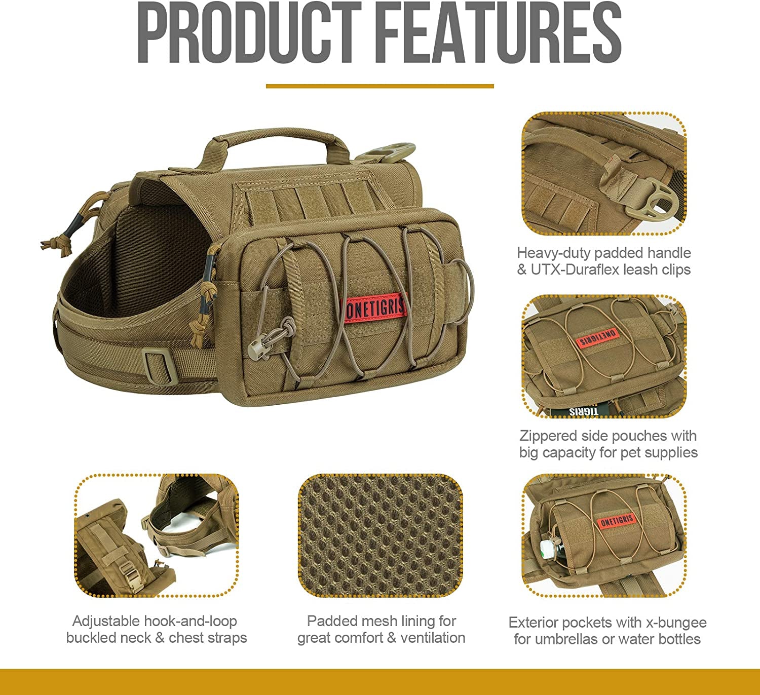 Dog Backpack for Medium & Large Dogs, Nylon Tactical Pet Backpack with Side Pockets