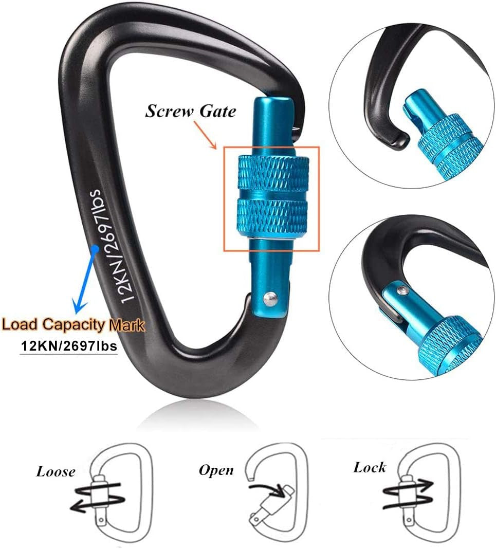 Premium 12KN Aluminum Carabiner Clips - Lightweight, Heavy Duty D-Ring Hooks for Hammocks and Outdoor Adventures - Set of 2 with Screw Lock Design