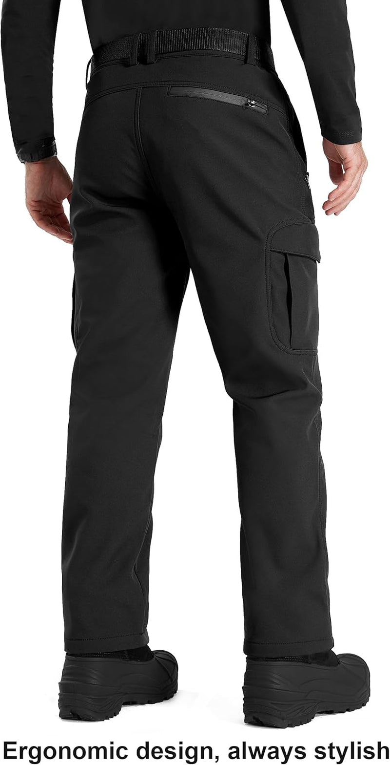 Men's Versatile Outdoor Softshell Fleece-Lined Cargo Pants for Snow, Skiing, and Hiking with Adjustable Belt