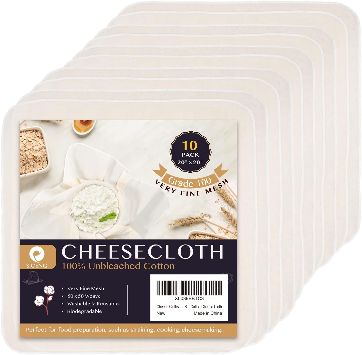 Premium Grade 100 Cheese Cloths for Straining - 20x20 Inch, 10 Pack of Hemmed Unbleached Cotton for Perfect Cheese and Yogurt Making