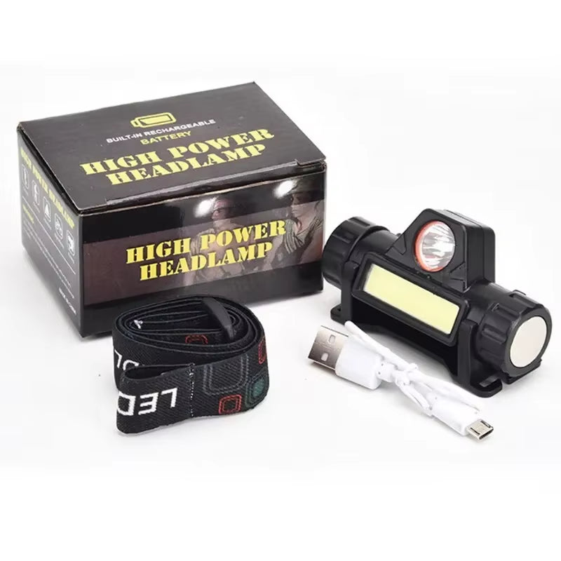 Rechargeable COB LED USB Headlamp - Powerful, Waterproof, and Magnetic Headlight for Outdoor Fishing and Adventures