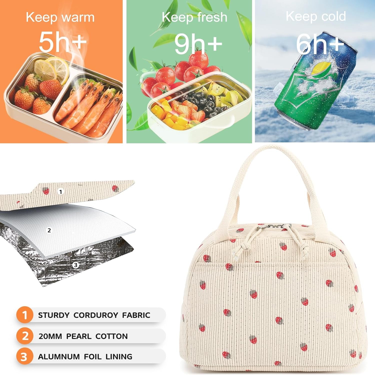 Lunch Bag for Women Men Cute Corduroy Lunch Tote Bags Reusable Insulated Lunch Box Large Capacity Reusable Insulated Cooler for Work Picnic or Travel