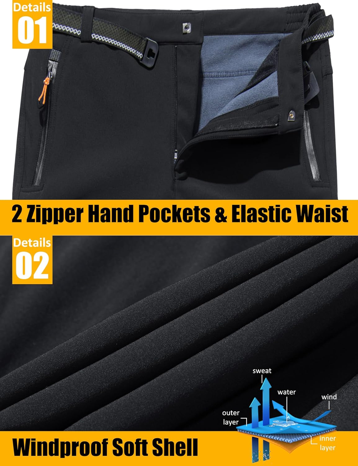 Men's Fleece-Lined Winter Ski Pants - Water-Resistant with 4 Zip Pockets for Outdoor Adventures
