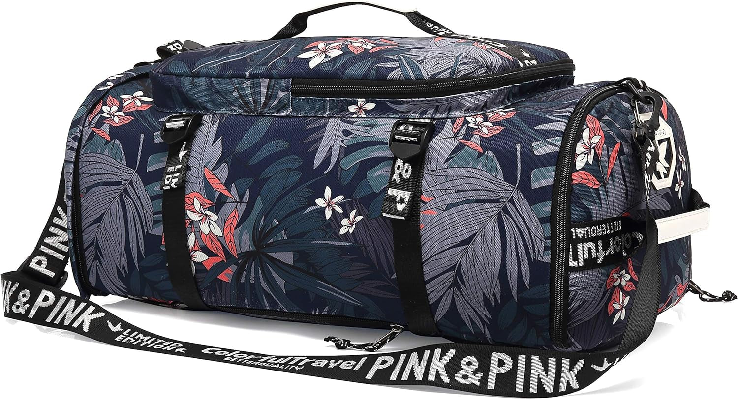 Floral Gym Duffle Bag Backpack 4 Ways for Women Waterproof with Shoes Compartment for Travel Sport Hiking Laptop Lightweight