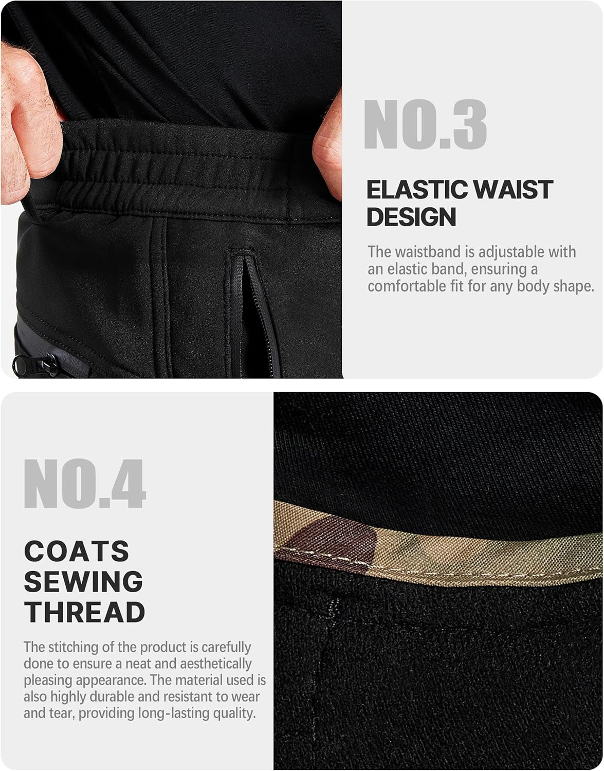 Men's Versatile Outdoor Softshell Fleece-Lined Cargo Pants for Snow, Skiing, and Hiking with Adjustable Belt
