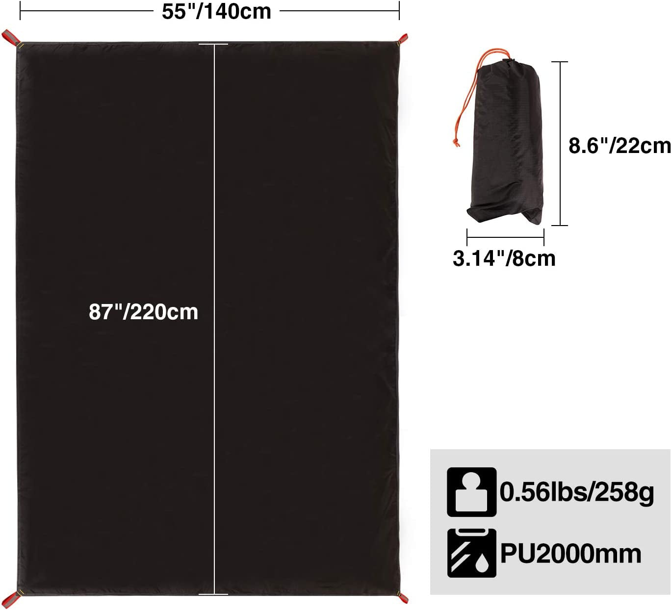 Ultralight Tent Footprint, PU 2000 Waterproof Camping Tent Tarp with Drawstring Carrying Bag for Ground Camping Hiking (55"X87" UL Black)