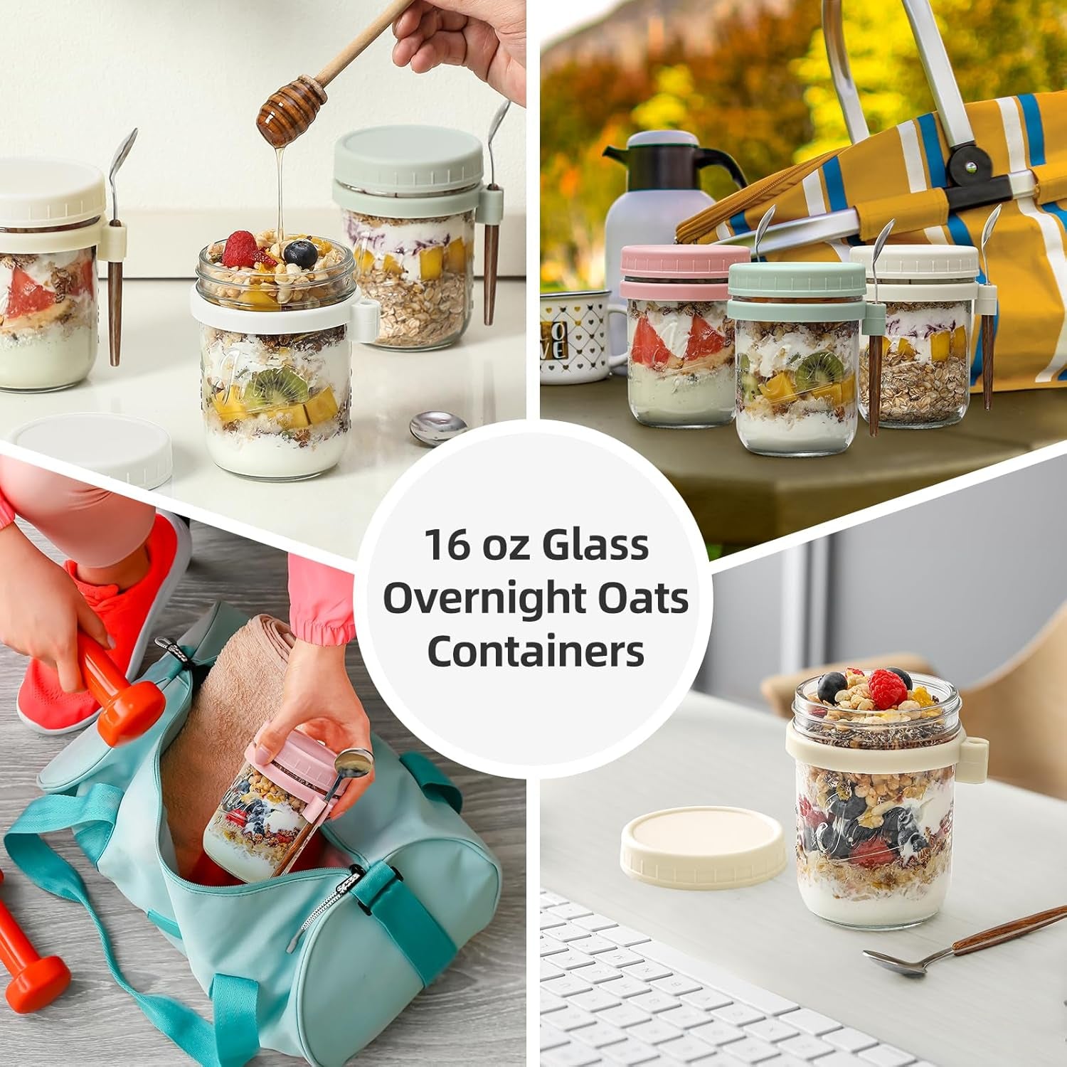 Elevate Your Breakfast Game with Our 4 Pack of 16 Oz Glass Overnight Oats Containers - Airtight Jars with Lids and Stainless Steel Spoons