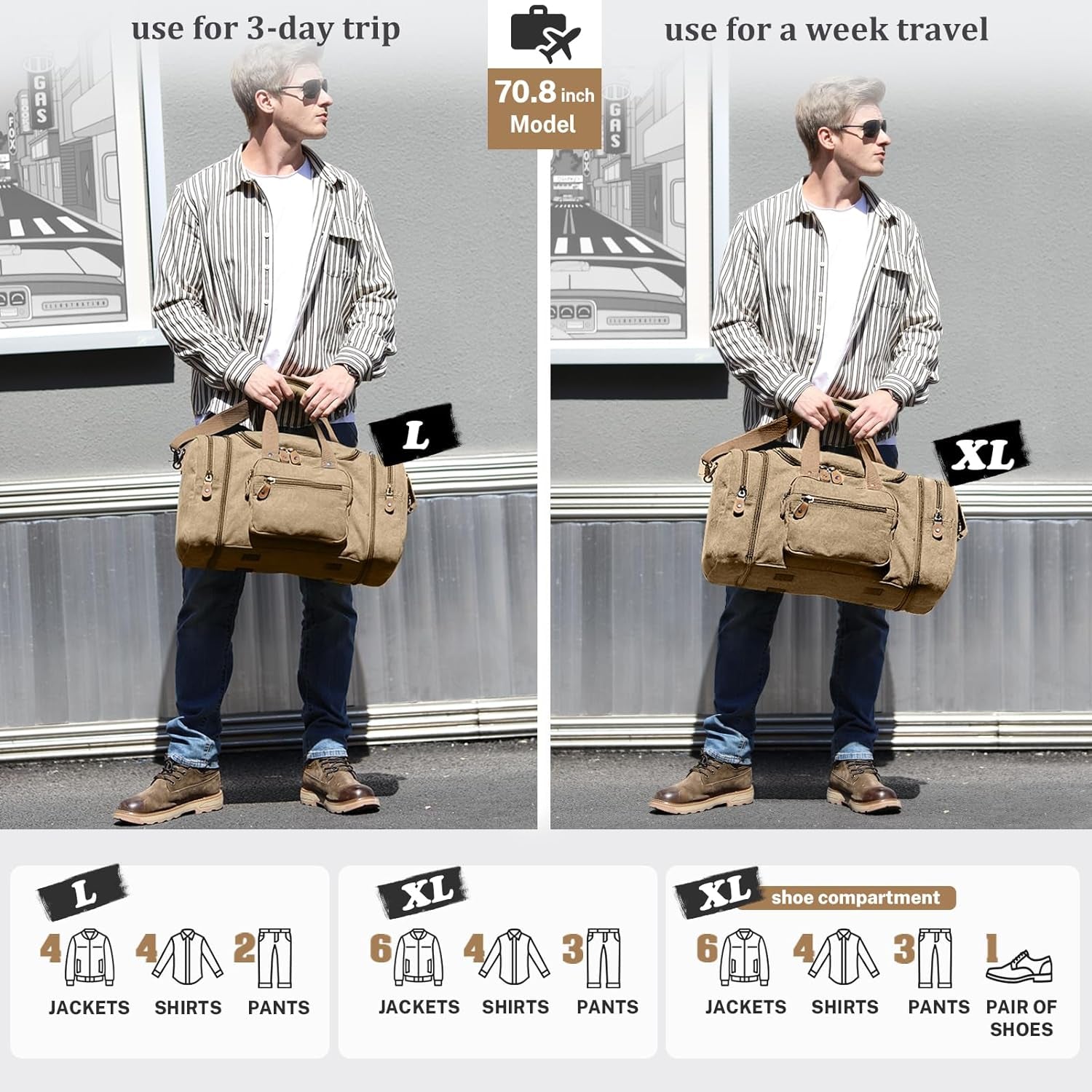 Versatile 60L Canvas Duffle Bag in Coffee - Perfect for Travel, Gym, and Weekend Getaways