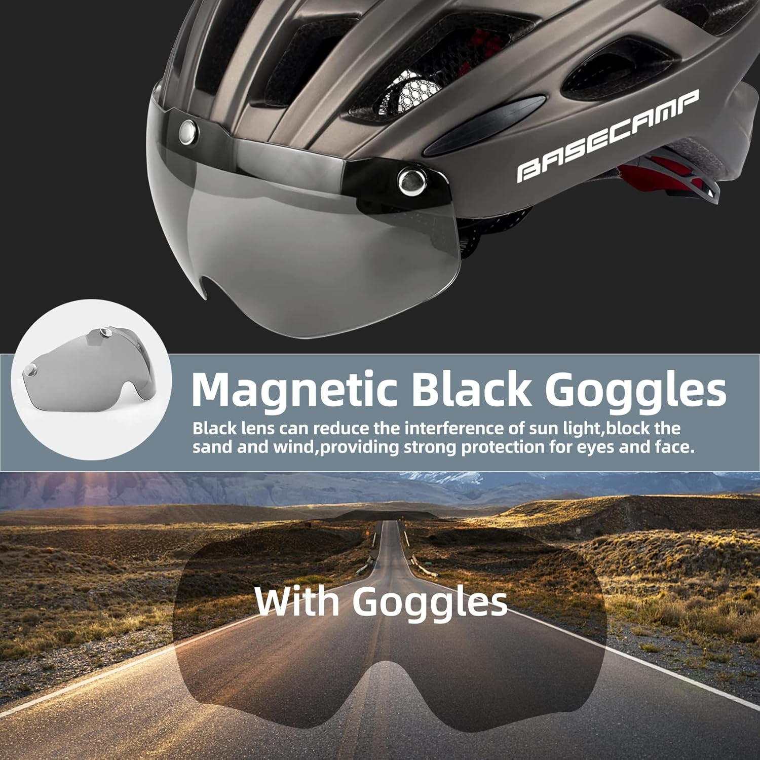 Bike Helmet,  Bicycle Helmet with Rear Light & Detachable Magnetic Goggles Lightweight Cycling Helmet Adjustable for Adult Men Women Mountain & Road (BC-069)