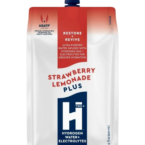 Strawberry lemonade plus hydrogen water package with red and blue design on a white background
