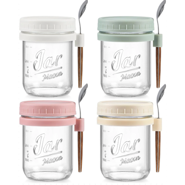 Glass Airtight Jars with Lids and Stainless Steel Spoons - 4 Pack of 16 oz. - Grit and Gear