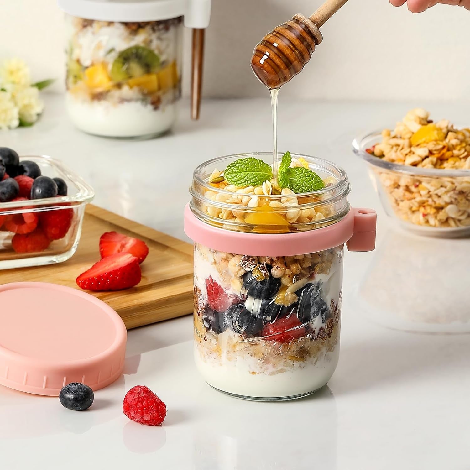 Elevate Your Breakfast Game with Our 4 Pack of 16 Oz Glass Overnight Oats Containers - Airtight Jars with Lids and Stainless Steel Spoons