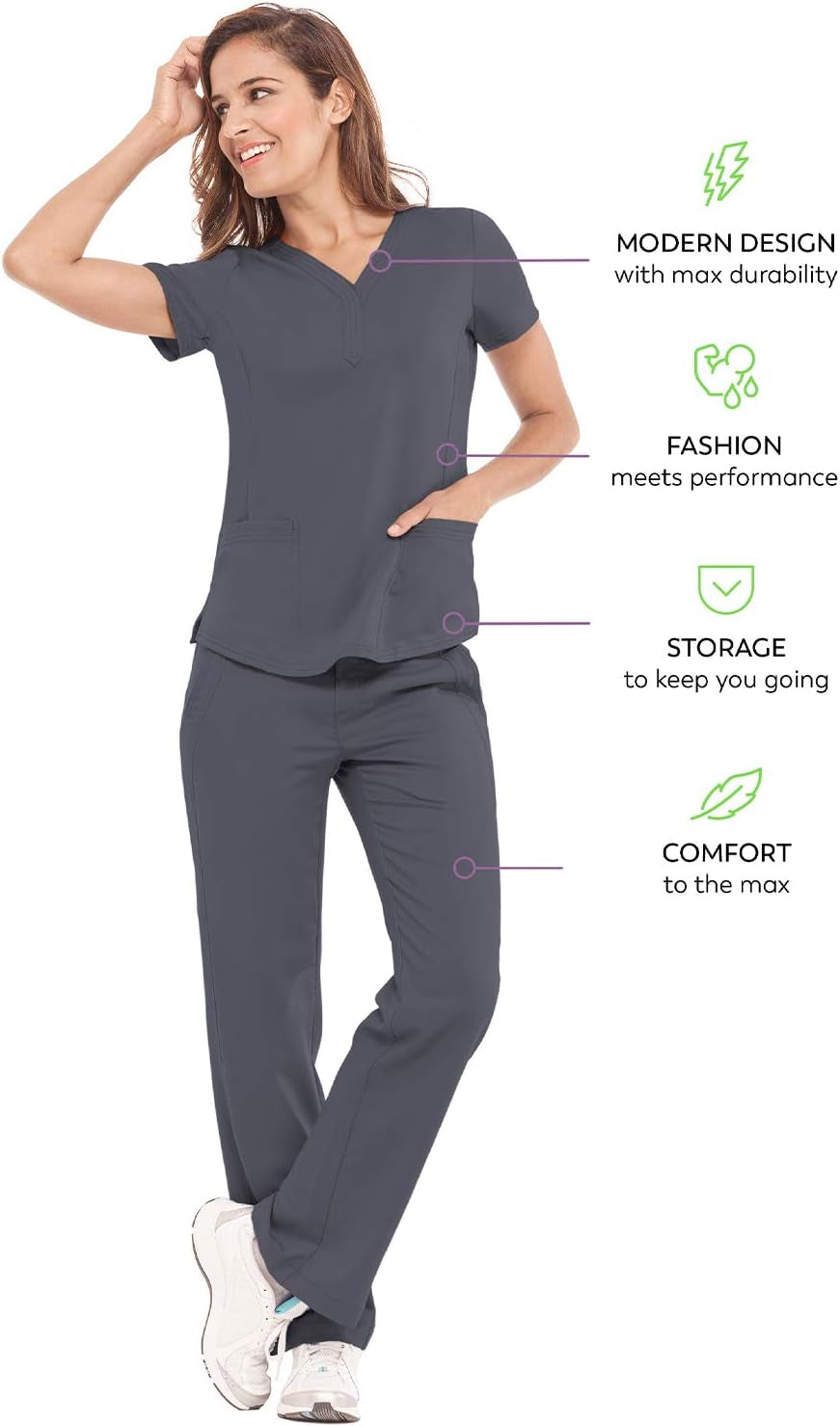 Elevate Your Workwear with the Stylish Y-Neck Jane Scrub Top for Women - Modern Fit, Triple Stitch Detail, 2 Pockets, and 2-Way Stretch in Pewter