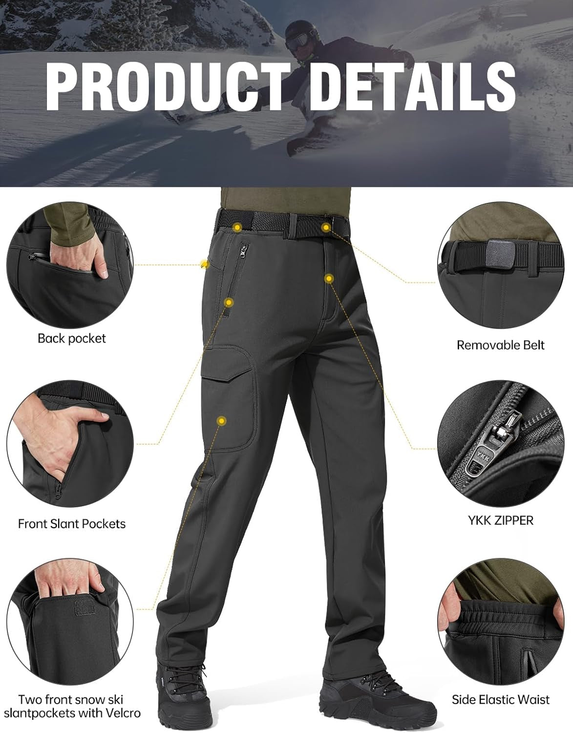 Men's Versatile Outdoor Softshell Fleece-Lined Cargo Pants for Snow, Skiing, and Hiking with Adjustable Belt