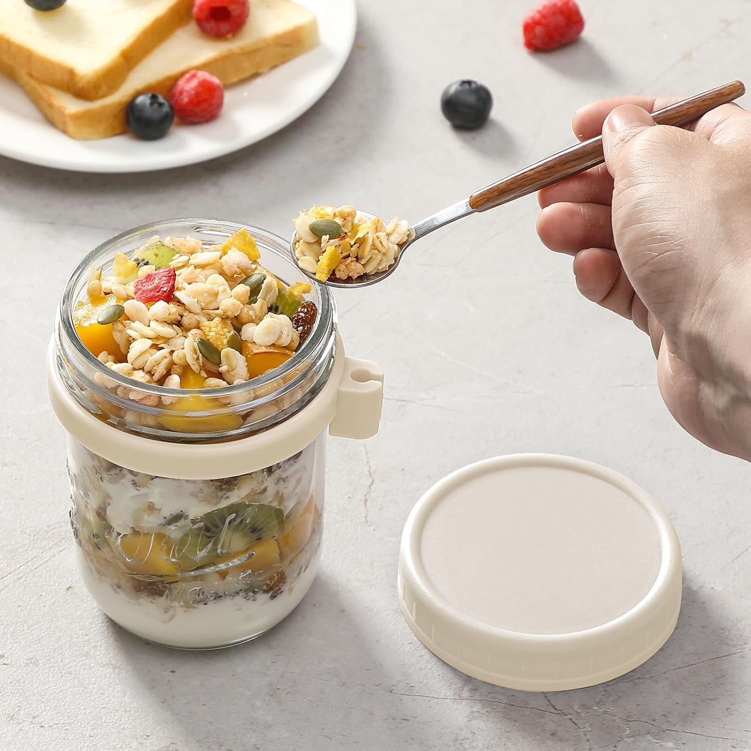 Elevate Your Breakfast Game with Our 4 Pack of 16 Oz Glass Overnight Oats Containers - Airtight Jars with Lids and Stainless Steel Spoons