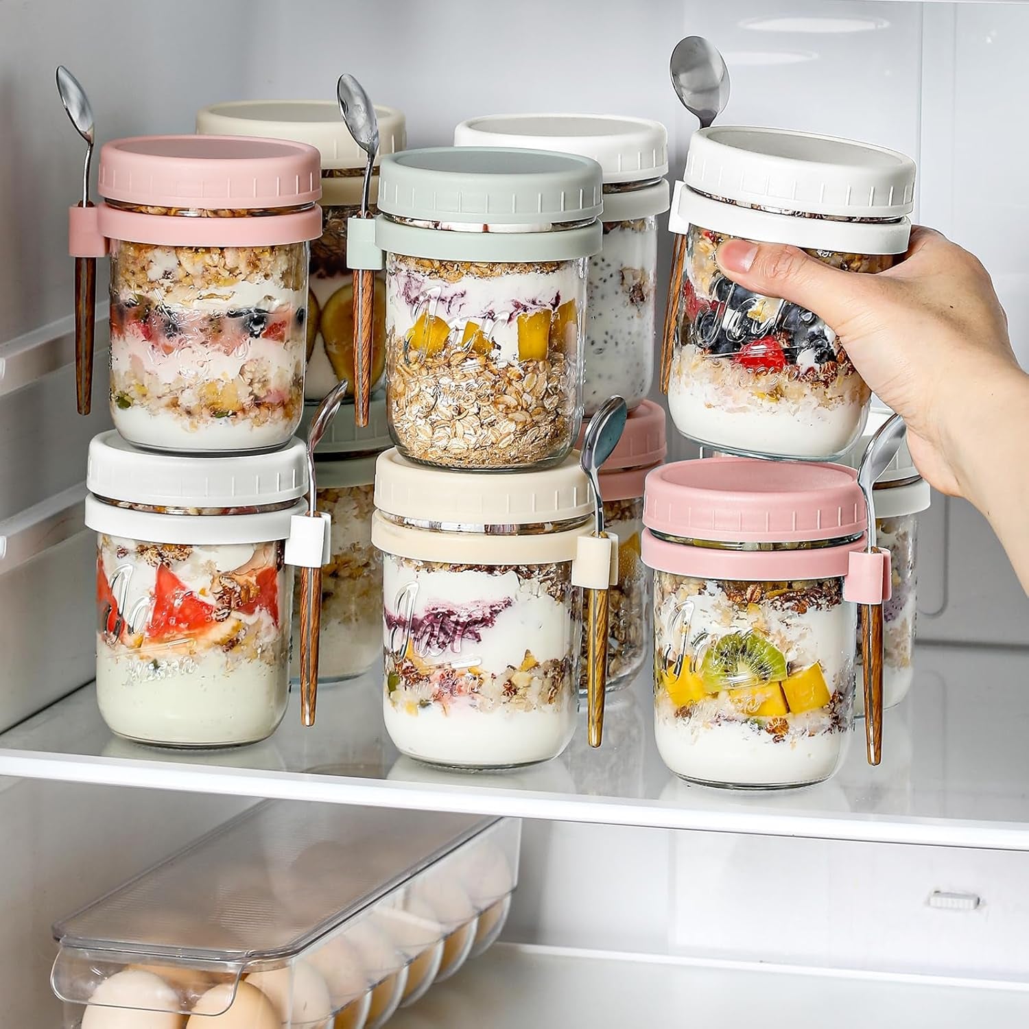 Elevate Your Breakfast Game with Our 4 Pack of 16 Oz Glass Overnight Oats Containers - Airtight Jars with Lids and Stainless Steel Spoons