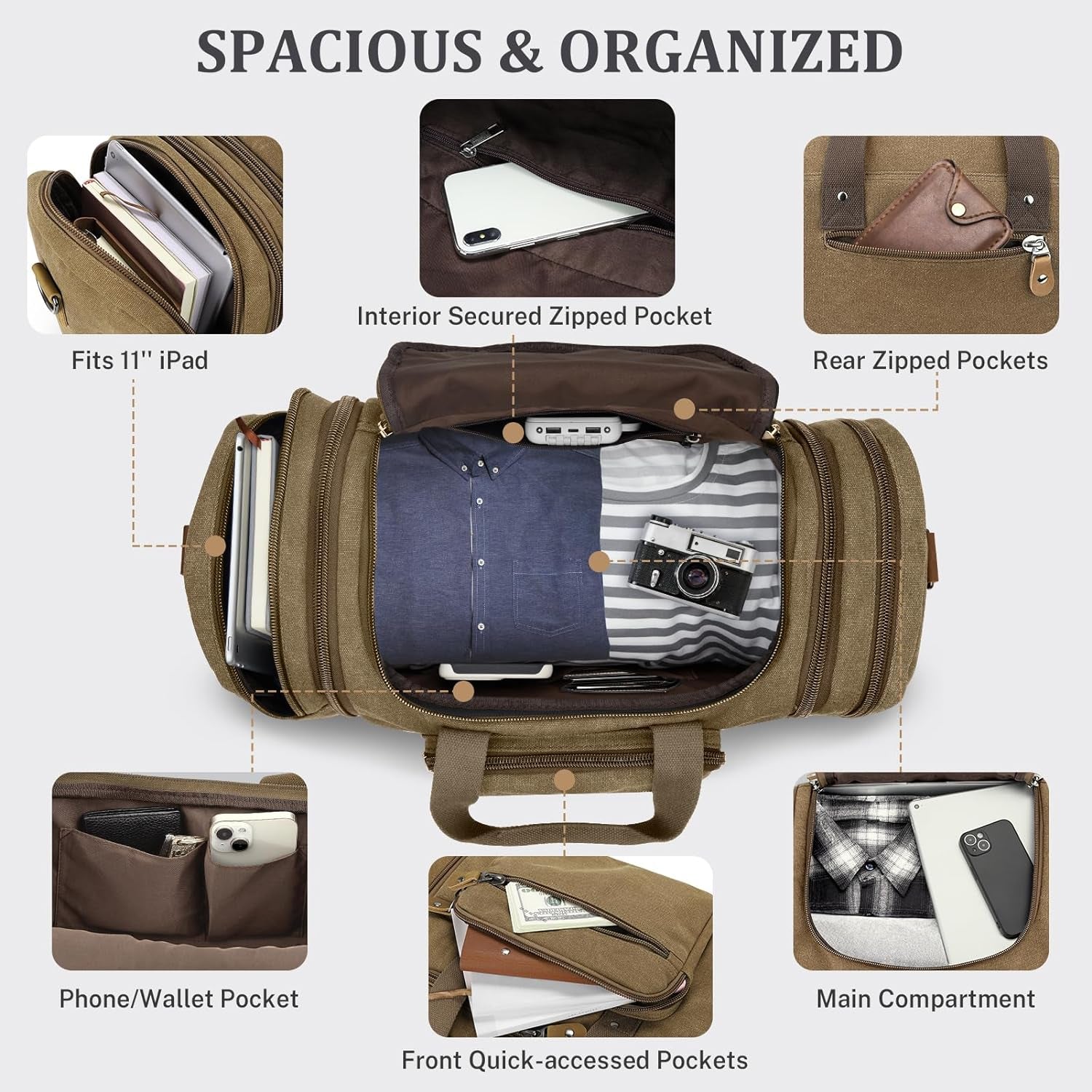 Versatile 60L Canvas Duffle Bag in Coffee - Perfect for Travel, Gym, and Weekend Getaways