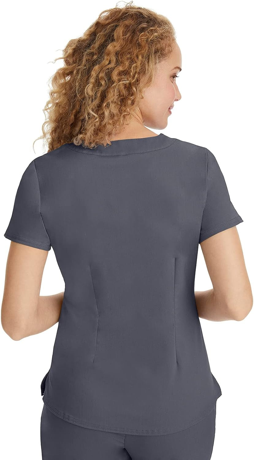Elevate Your Workwear with the Stylish Y-Neck Jane Scrub Top for Women - Modern Fit, Triple Stitch Detail, 2 Pockets, and 2-Way Stretch in Pewter