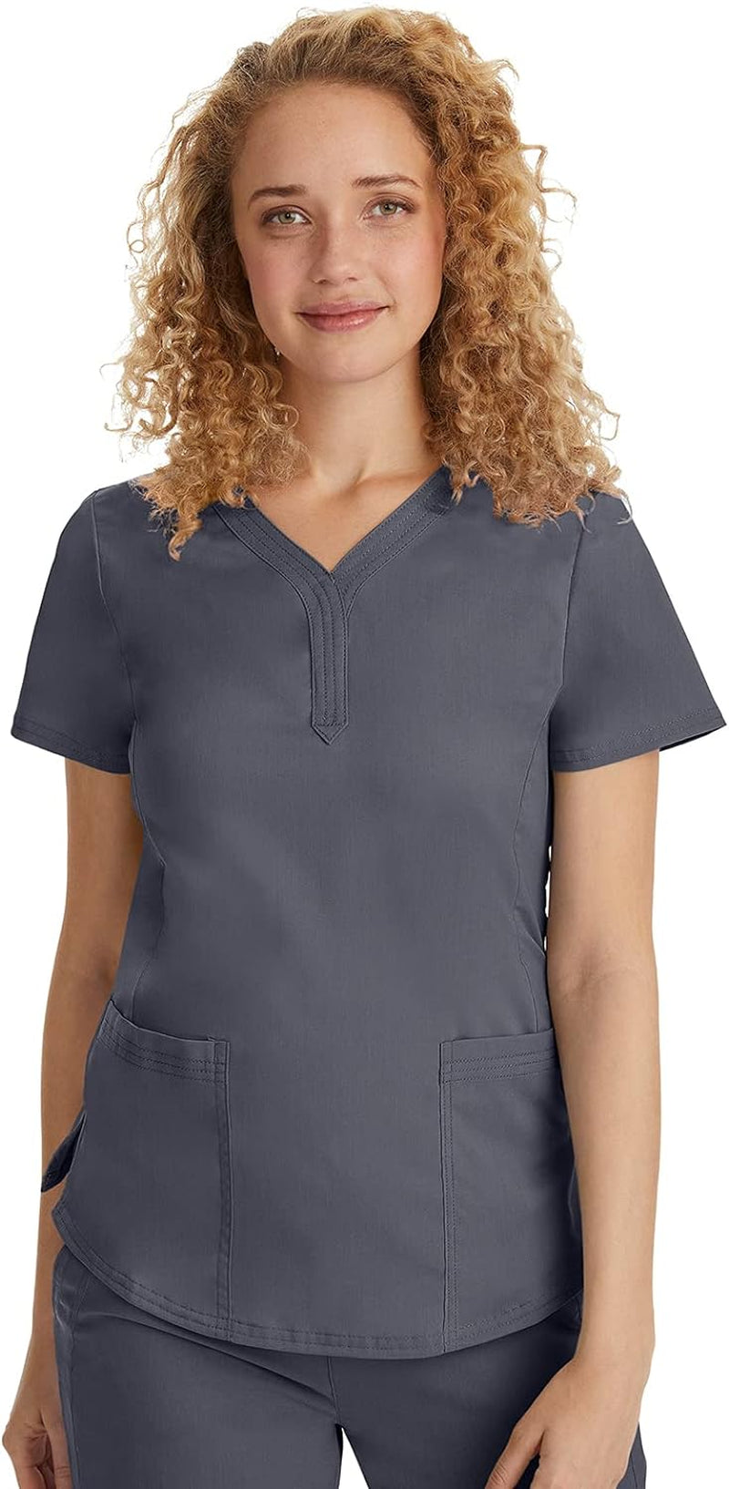 Elevate Your Workwear with the Stylish Y-Neck Jane Scrub Top for Women - Modern Fit, Triple Stitch Detail, 2 Pockets, and 2-Way Stretch in Pewter