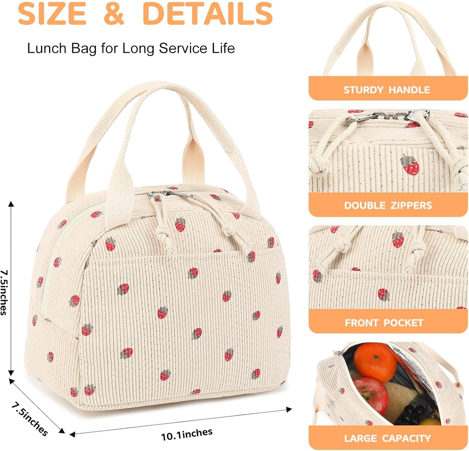 Lunch Bag for Women Men Cute Corduroy Lunch Tote Bags Reusable Insulated Lunch Box Large Capacity Reusable Insulated Cooler for Work Picnic or Travel