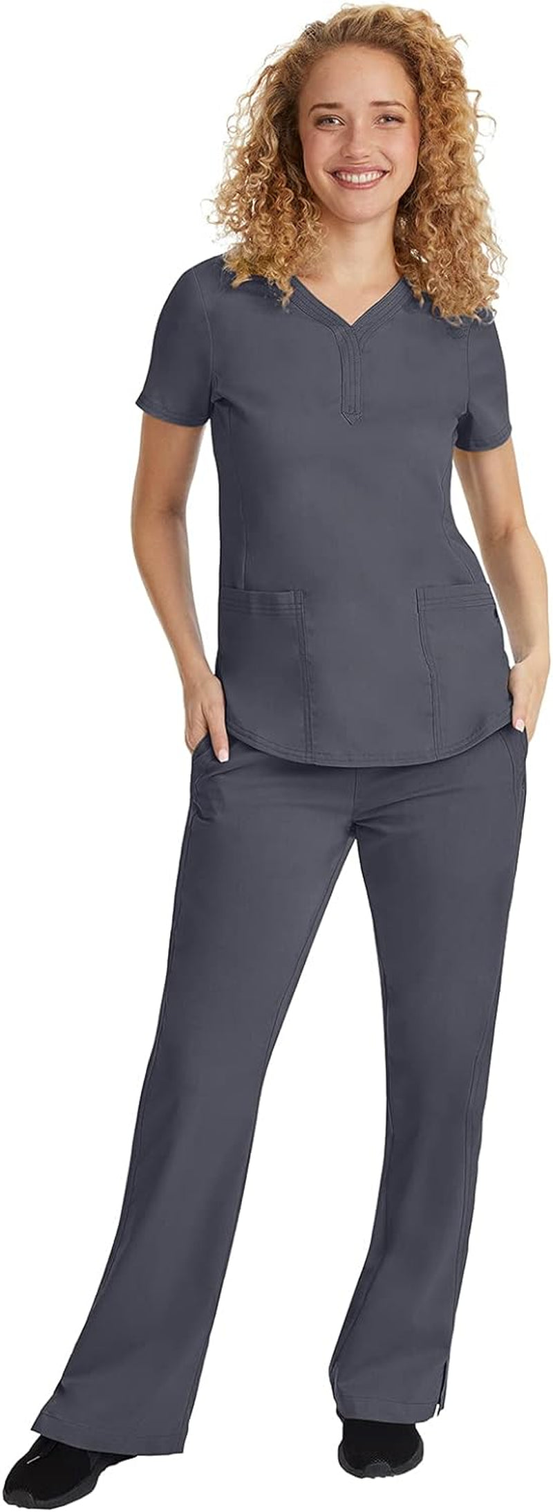 Elevate Your Workwear with the Stylish Y-Neck Jane Scrub Top for Women - Modern Fit, Triple Stitch Detail, 2 Pockets, and 2-Way Stretch in Pewter