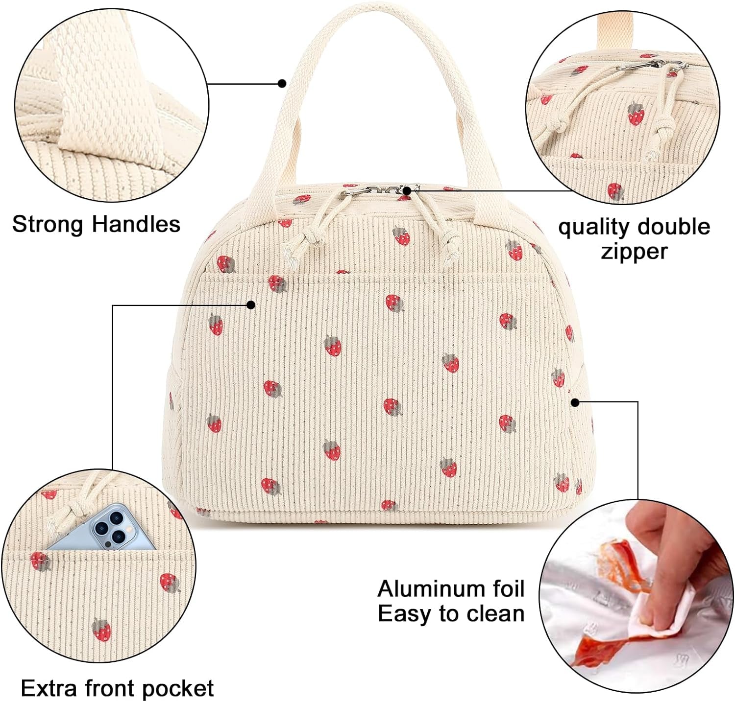 Lunch Bag for Women Men Cute Corduroy Lunch Tote Bags Reusable Insulated Lunch Box Large Capacity Reusable Insulated Cooler for Work Picnic or Travel
