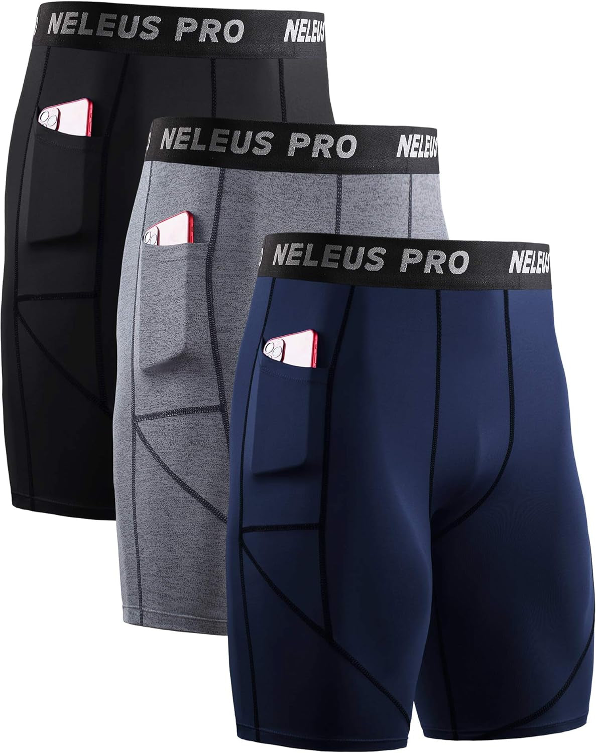 Men's 3-Pack Running Compression Shorts with Convenient Pockets - Perfect for Active Lifestyles