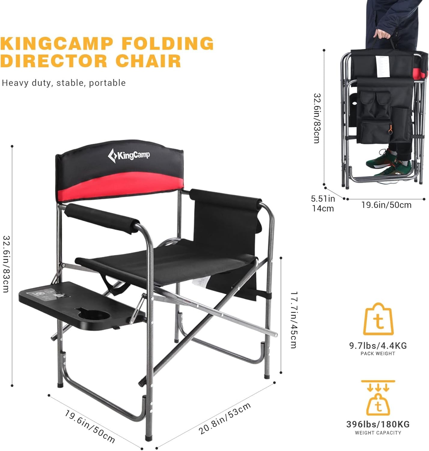 Ultimate Comfort: 2-Pack Folding Camping Director Chairs with Side Table & Storage in Red