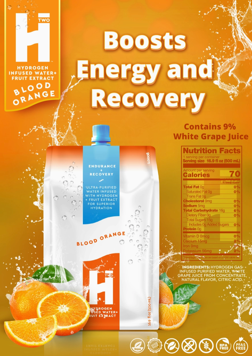Hydrogen infused water pouch with blood orange flavor on an orange background