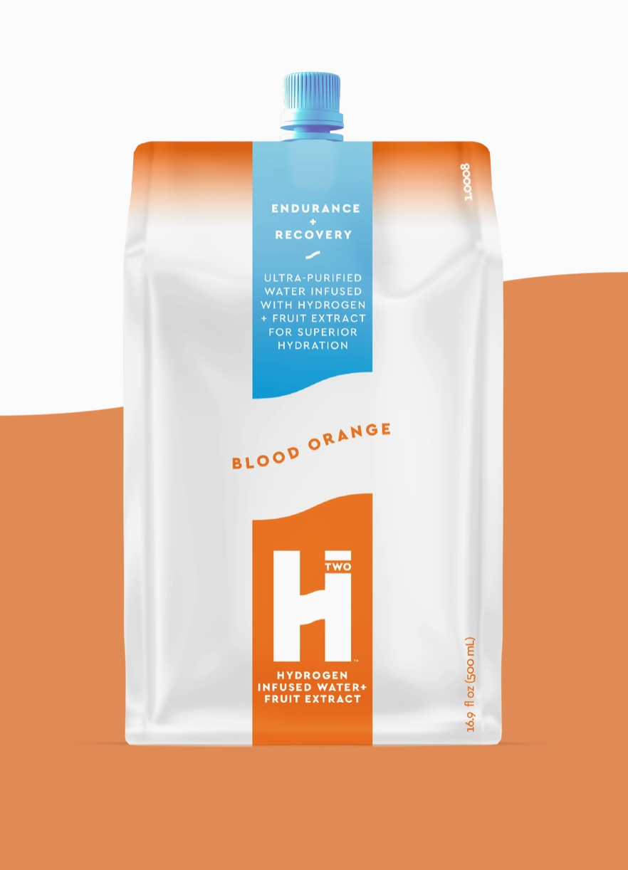 Hydrogen infused water pouch with blood orange flavor on a white background
