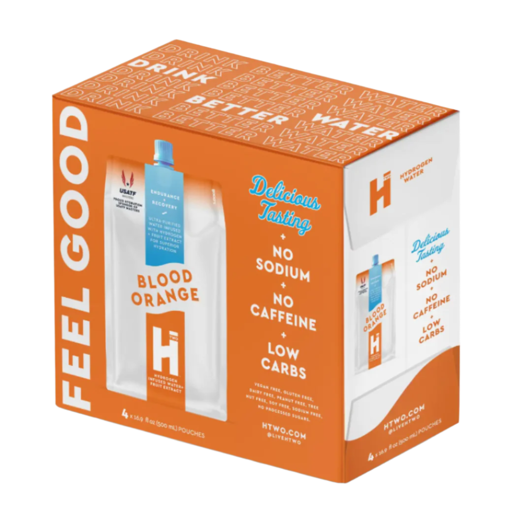 Box of H2WO water with blood orange flavor on an orange background