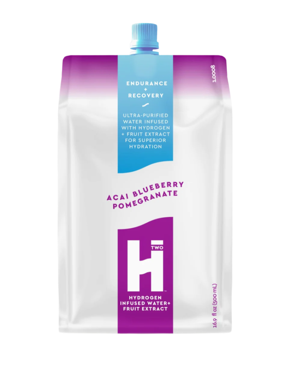 Hydrogen-infused water pouch with acai blueberry pomegranate flavor on a white background