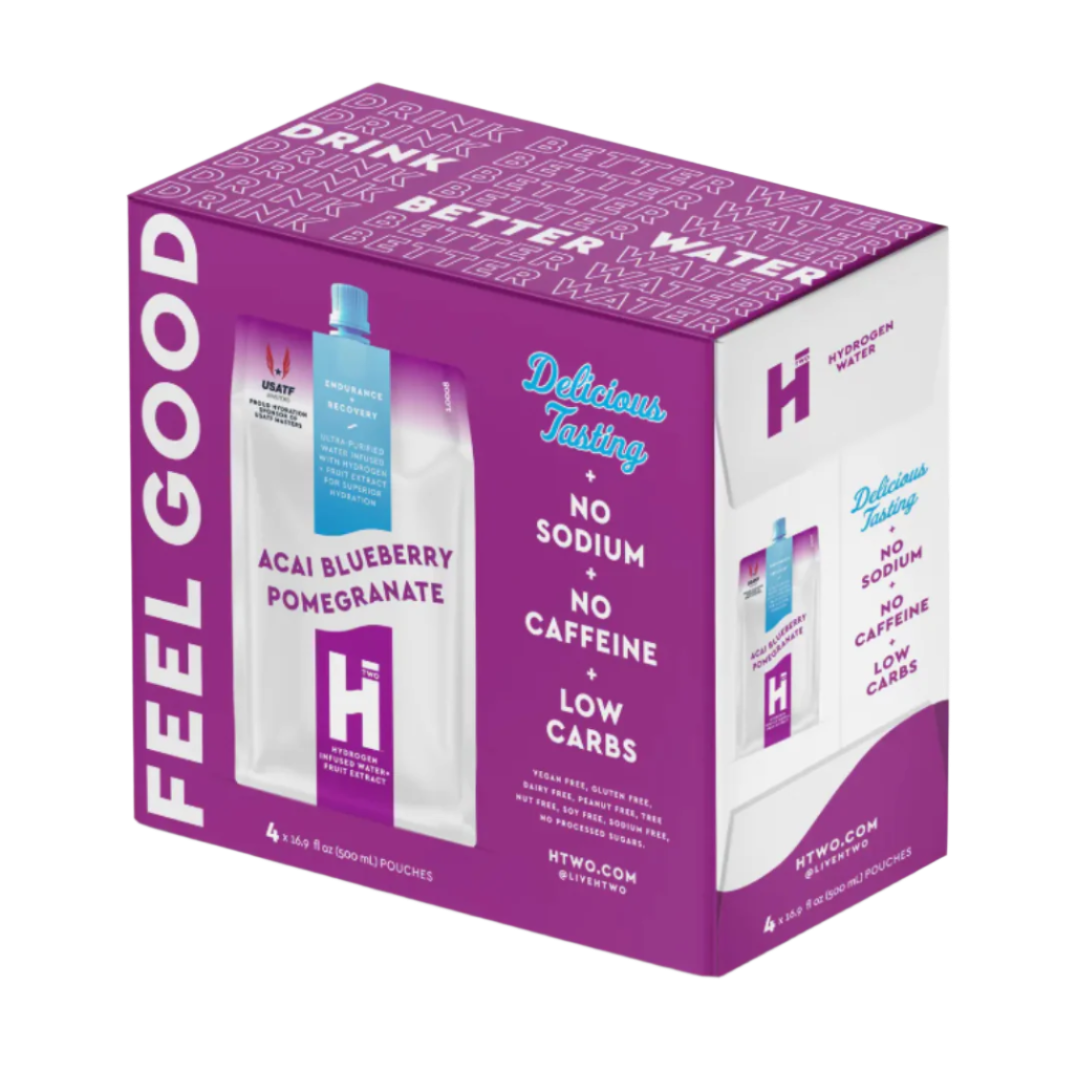 Purple packaging of H2O+ water pouches with text on a white background