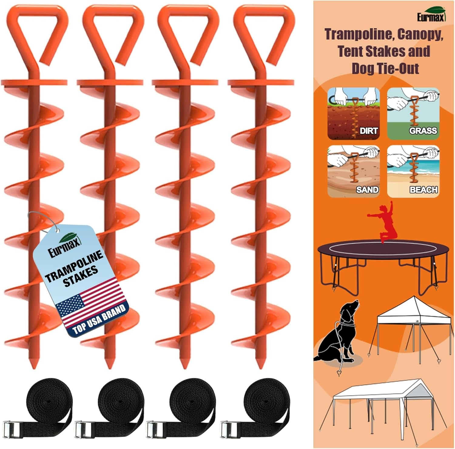 Heavy Duty Orange Steel Stakes Kit for Trampolines, Canopies, and Dog Tie-Outs - Set of 4 with Bonus Strong Belt for Extra Security