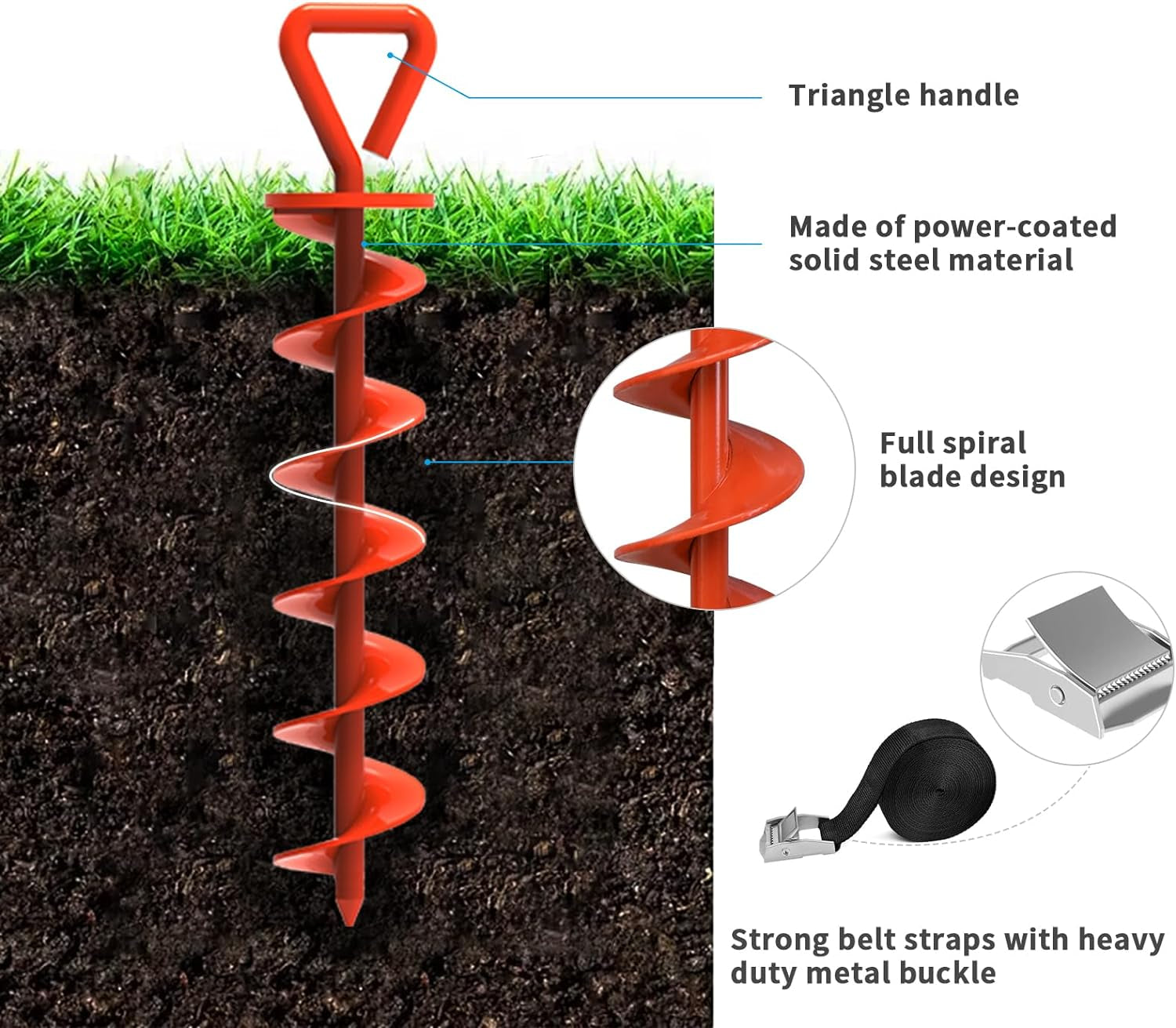 Heavy Duty Orange Steel Stakes Kit for Trampolines, Canopies, and Dog Tie-Outs - Set of 4 with Bonus Strong Belt for Extra Security