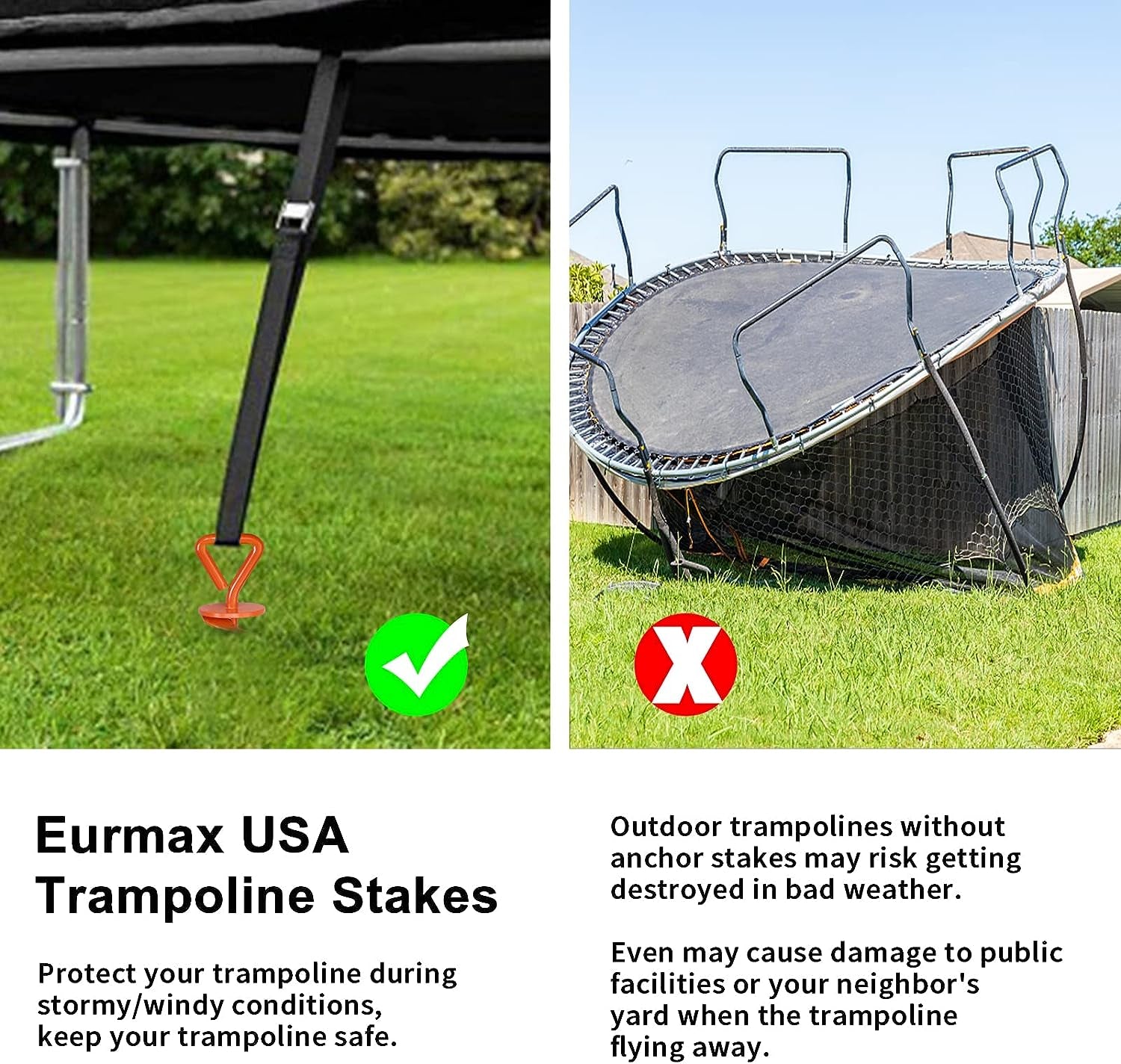 Heavy Duty Orange Steel Stakes Kit for Trampolines, Canopies, and Dog Tie-Outs - Set of 4 with Bonus Strong Belt for Extra Security