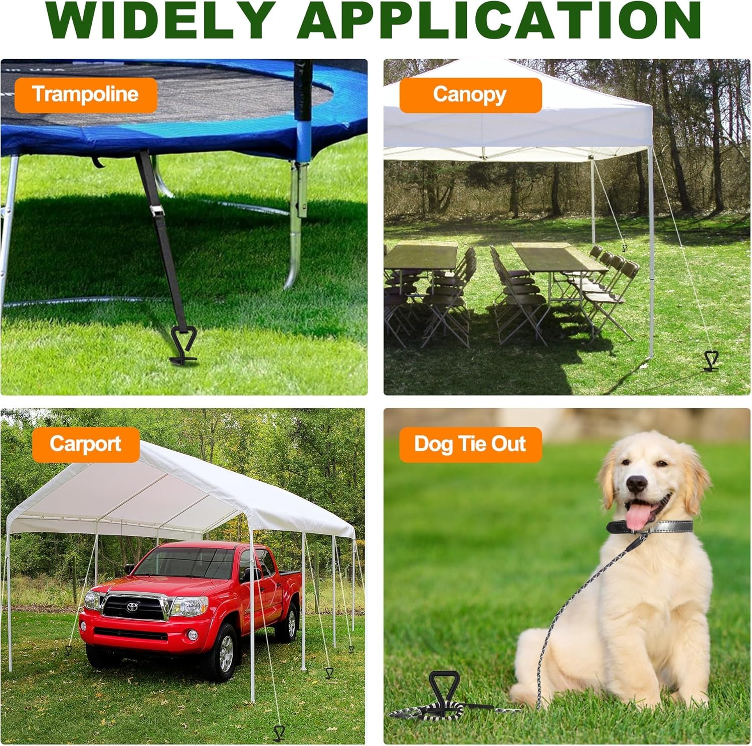 Heavy Duty Orange Steel Stakes Kit for Trampolines, Canopies, and Dog Tie-Outs - Set of 4 with Bonus Strong Belt for Extra Security